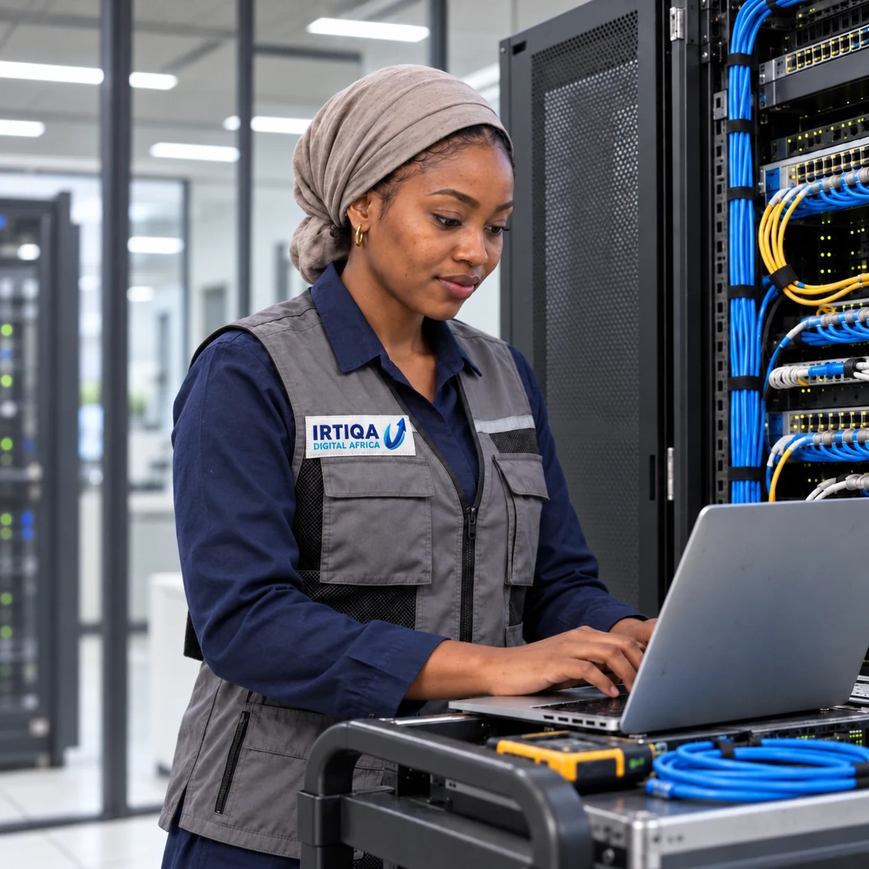 Illustration éditoriale : une technicienne en gilet Irtiqa intervient sur un environnement informatique.