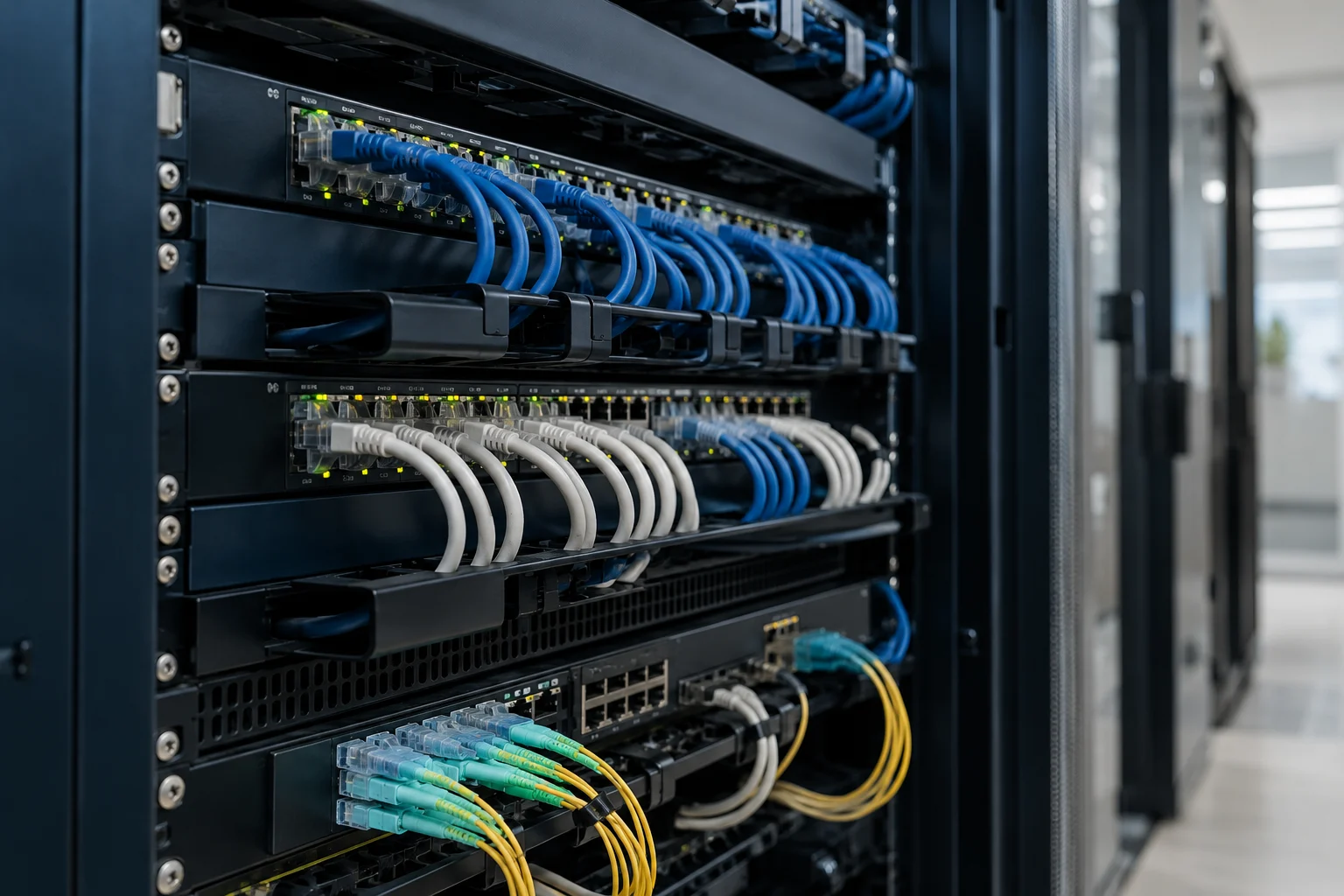 Illustration : équipements réseau et câblage d’une infrastructure informatique.