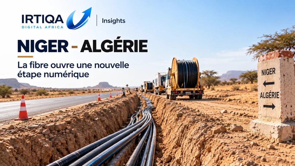 Illustration éditoriale de la dorsale à fibre optique Niger–Algérie, sans personnage ; visuel non documentaire.