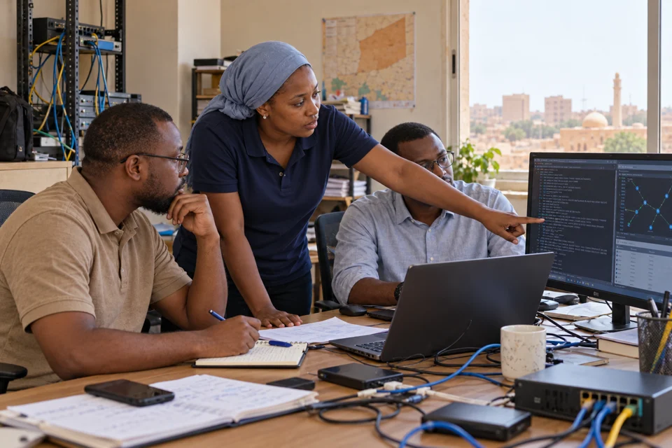 Illustration créée avec l’IA : des ingénieurs nigériens travaillent ensemble, avec une ingénieure en polo et foulard.